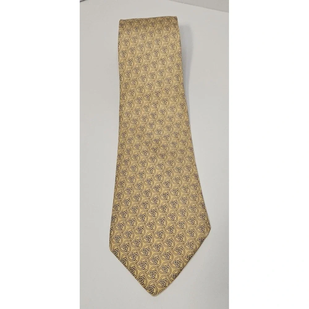 VTG Hermes Yellow 100% Silk Tie Chain Link‎ Pattern Made In France 7351 PA 90's